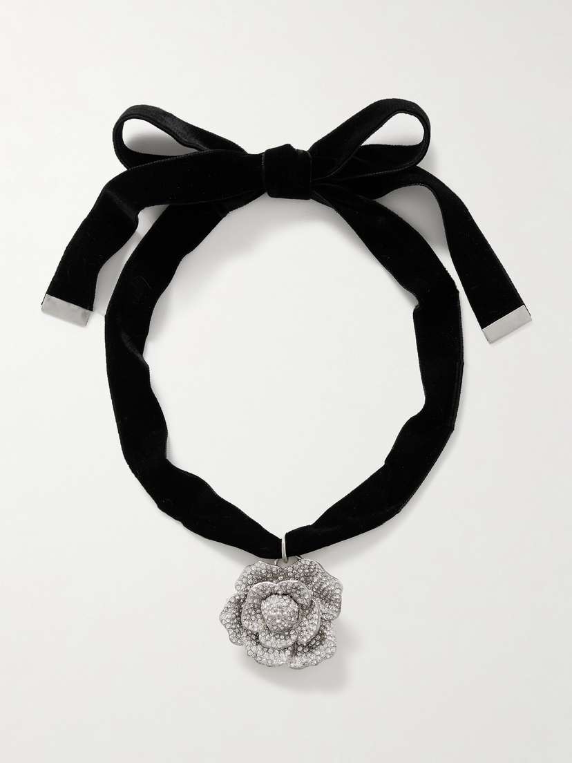 Oscar de la Renta Gardenia Velvet And Silver-tone Crystal Necklace