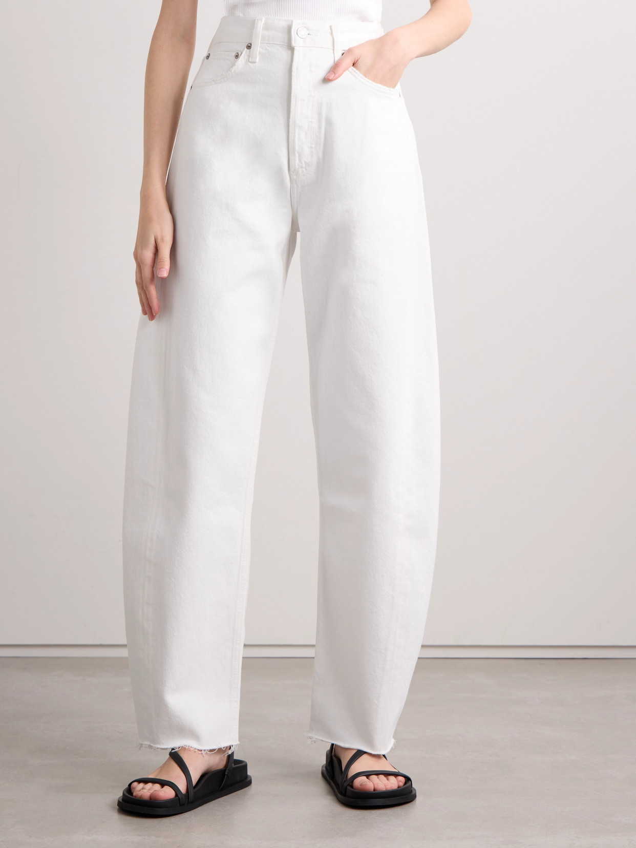 Shop Agolde Luna Frayed High-rise Barrel-leg Jeans In White