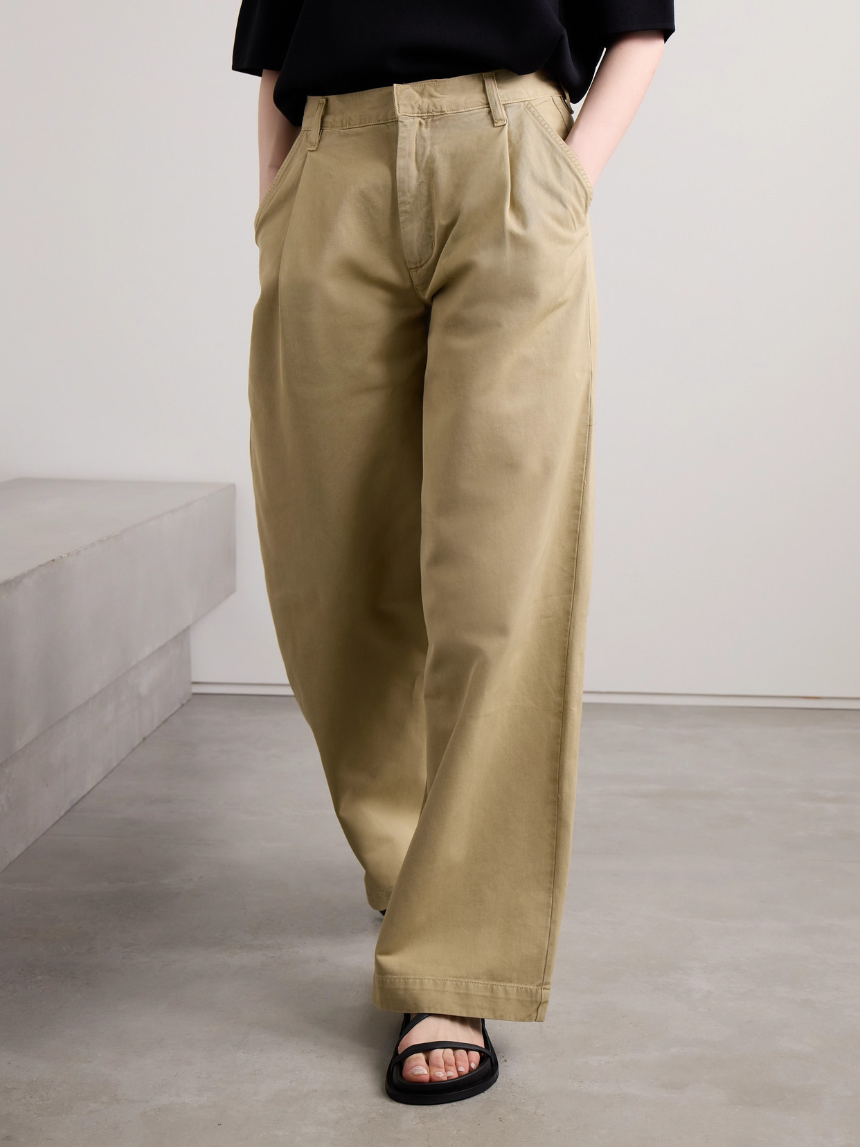 Shop Agolde Daryl Pleated Cotton-twill Wide-leg Pants In Neutrals