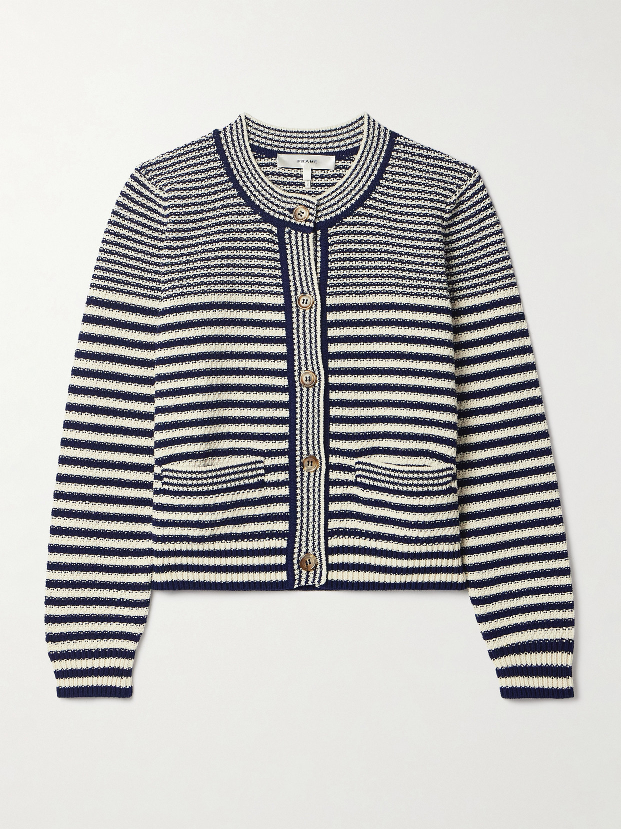 FRAME - Cropped Striped Cotton-blend Cardigan - Blue