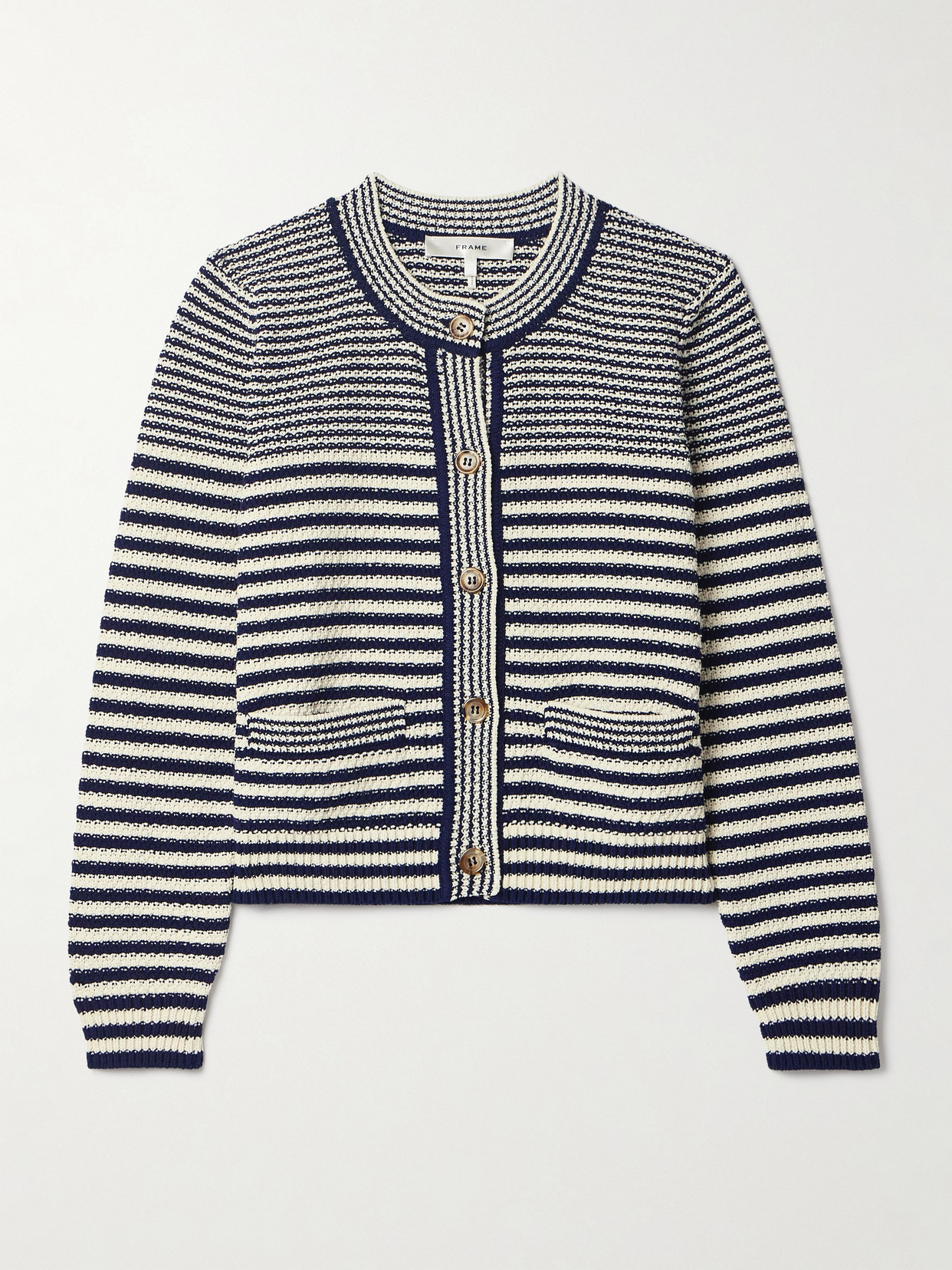 Frame Cropped Striped Cotton-blend Cardigan In Blue