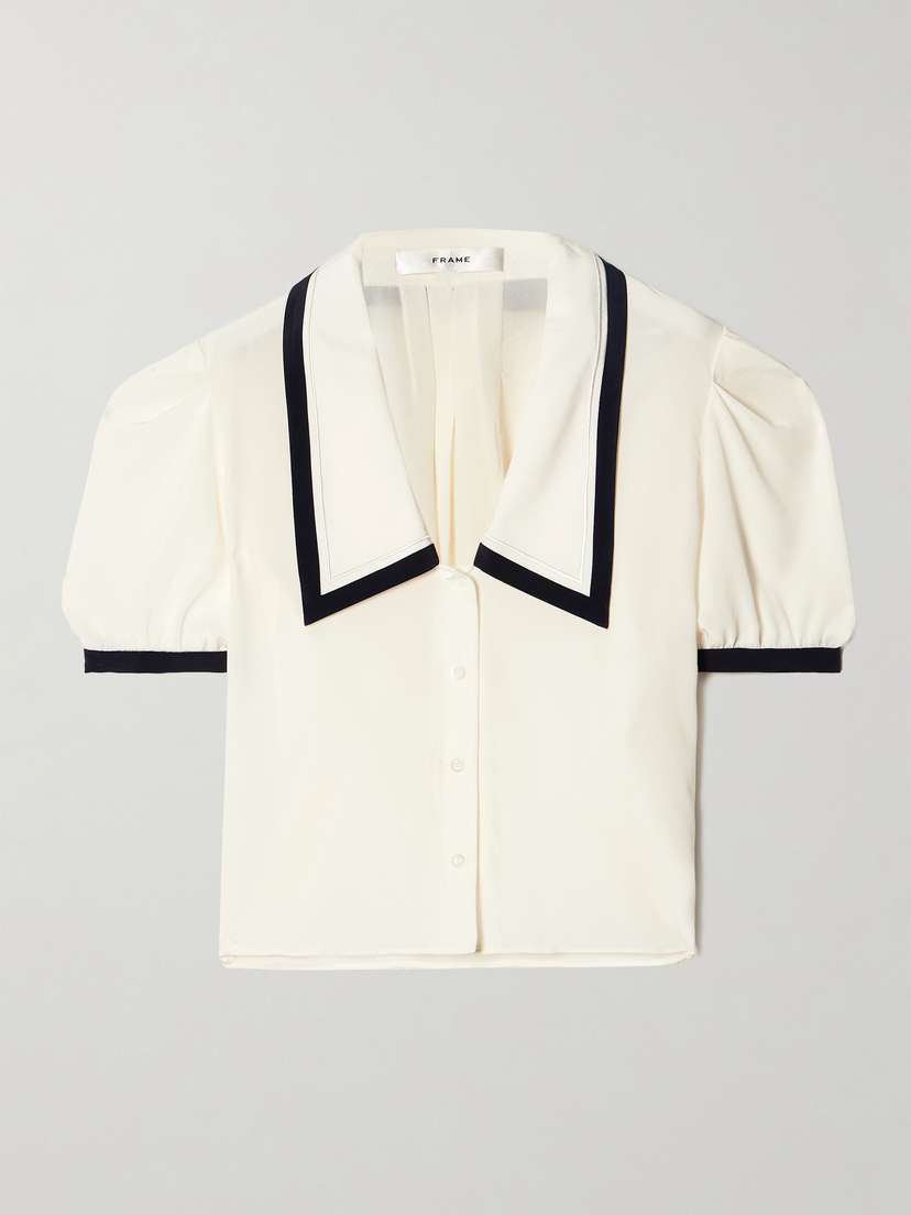 Frame Sailor Satin-trimmed Embroidered Silk Blouse - x large