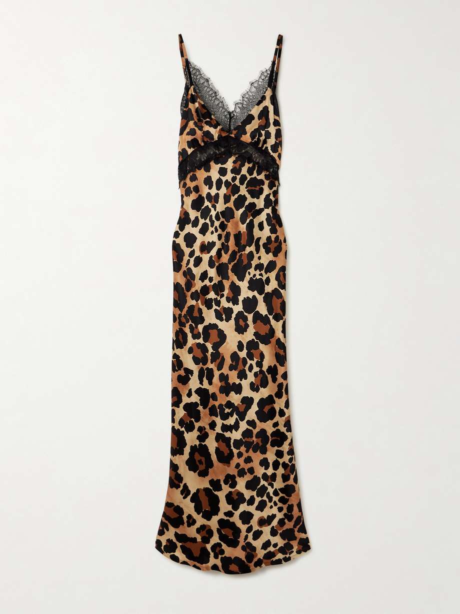 kusha lace-trimmed leopard-print silk-satin maxi dress