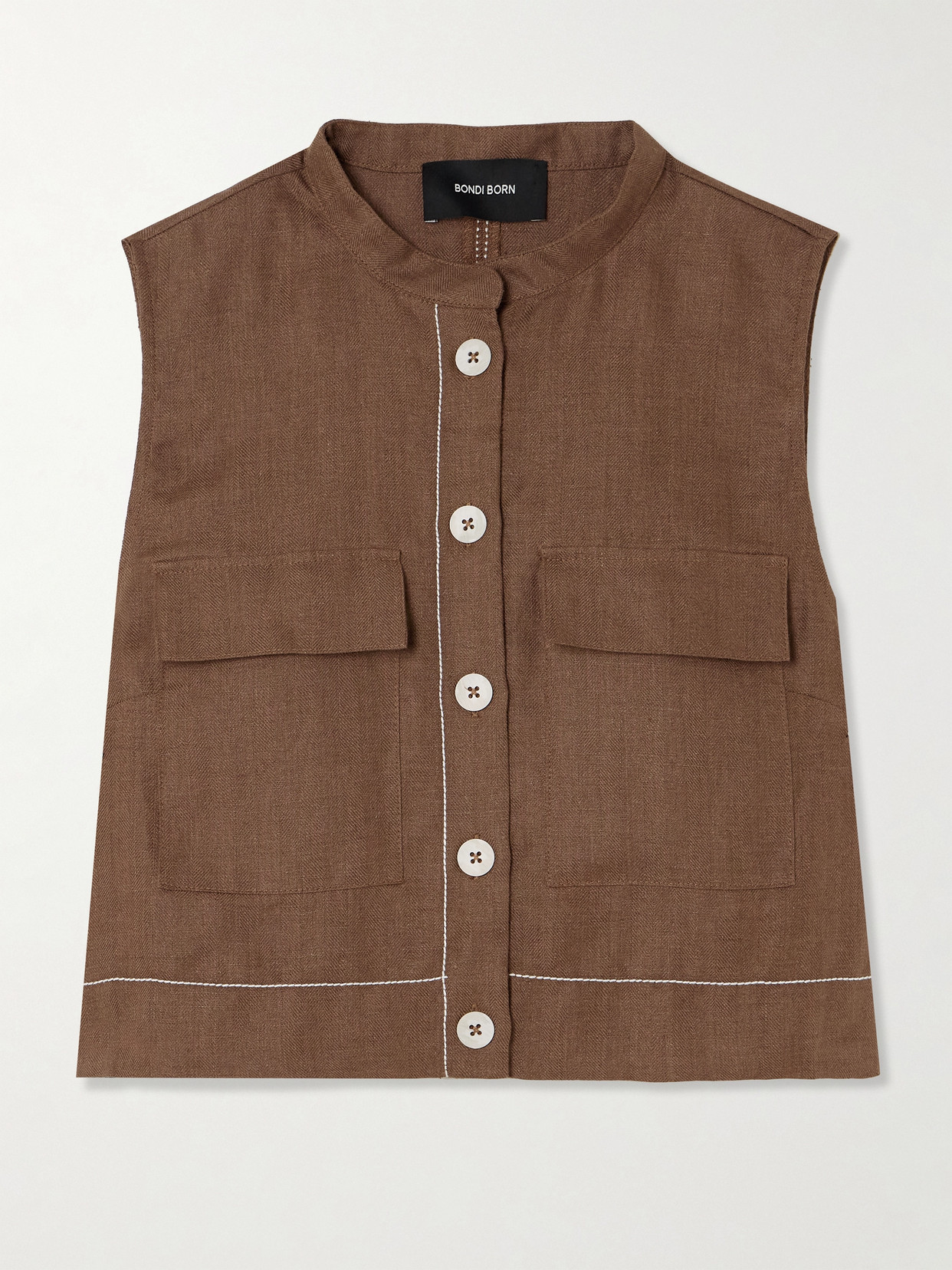 BONDI BORN - Varenna Cropped Herringbone Organic Linen Vest - Brown