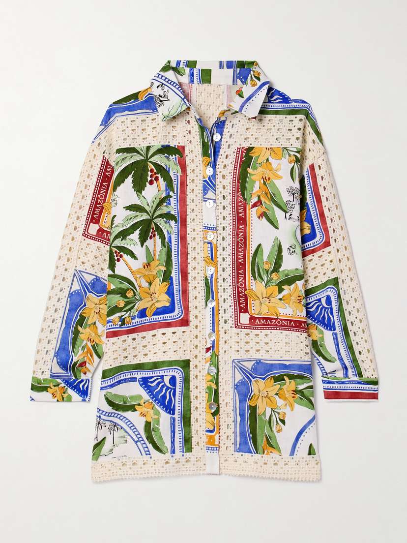 Farm Rio Crochet-trimmed Printed Linen-blend Voile Shirt