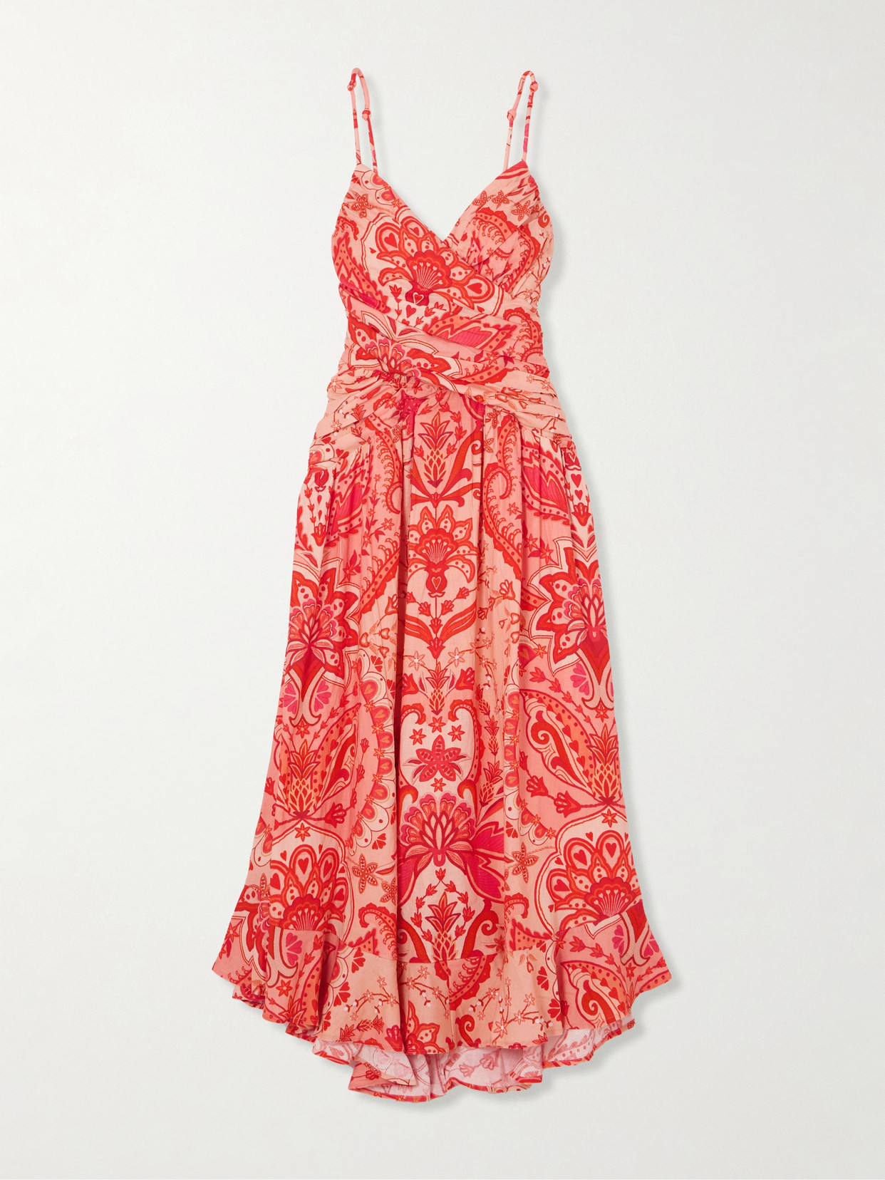 FARM RIO JAIPUR RUCHED PRINTED LINEN-BLEND MAXI DRESS