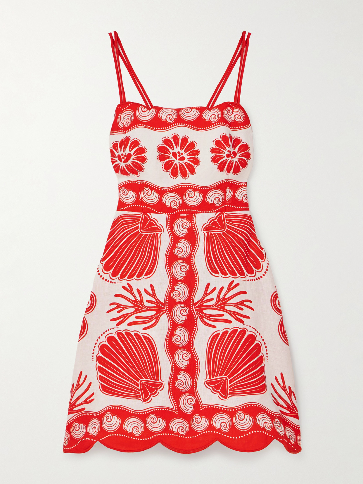 Shop Farm Rio Ainika Scalloped Printed Linen Mini Dress In Red