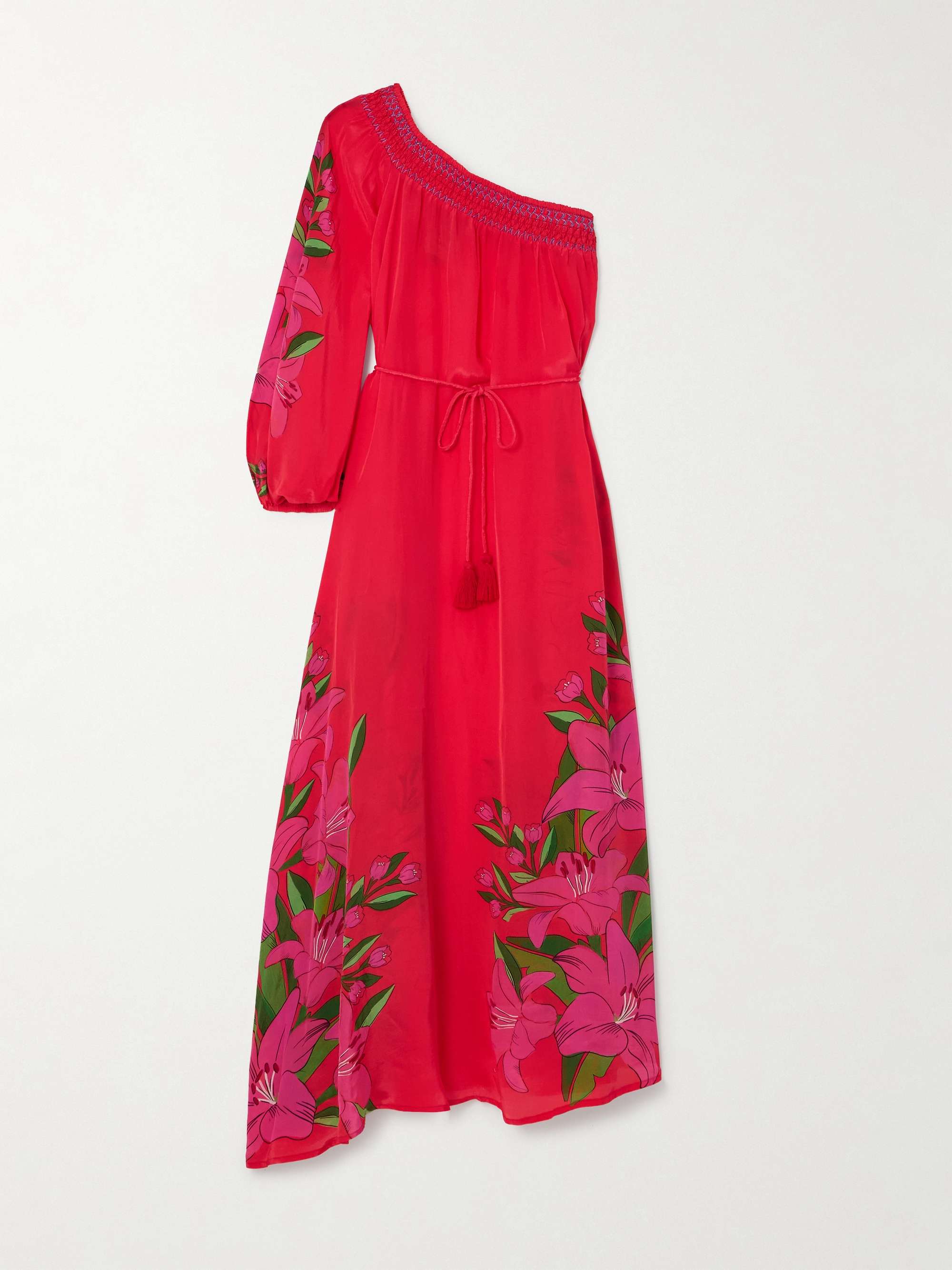 FARM RIO One-shoulder belted gathered floral-print satin