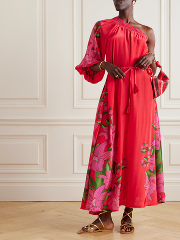 FARM Rio One-shoulder belted gathered floral-print satin maxi dress