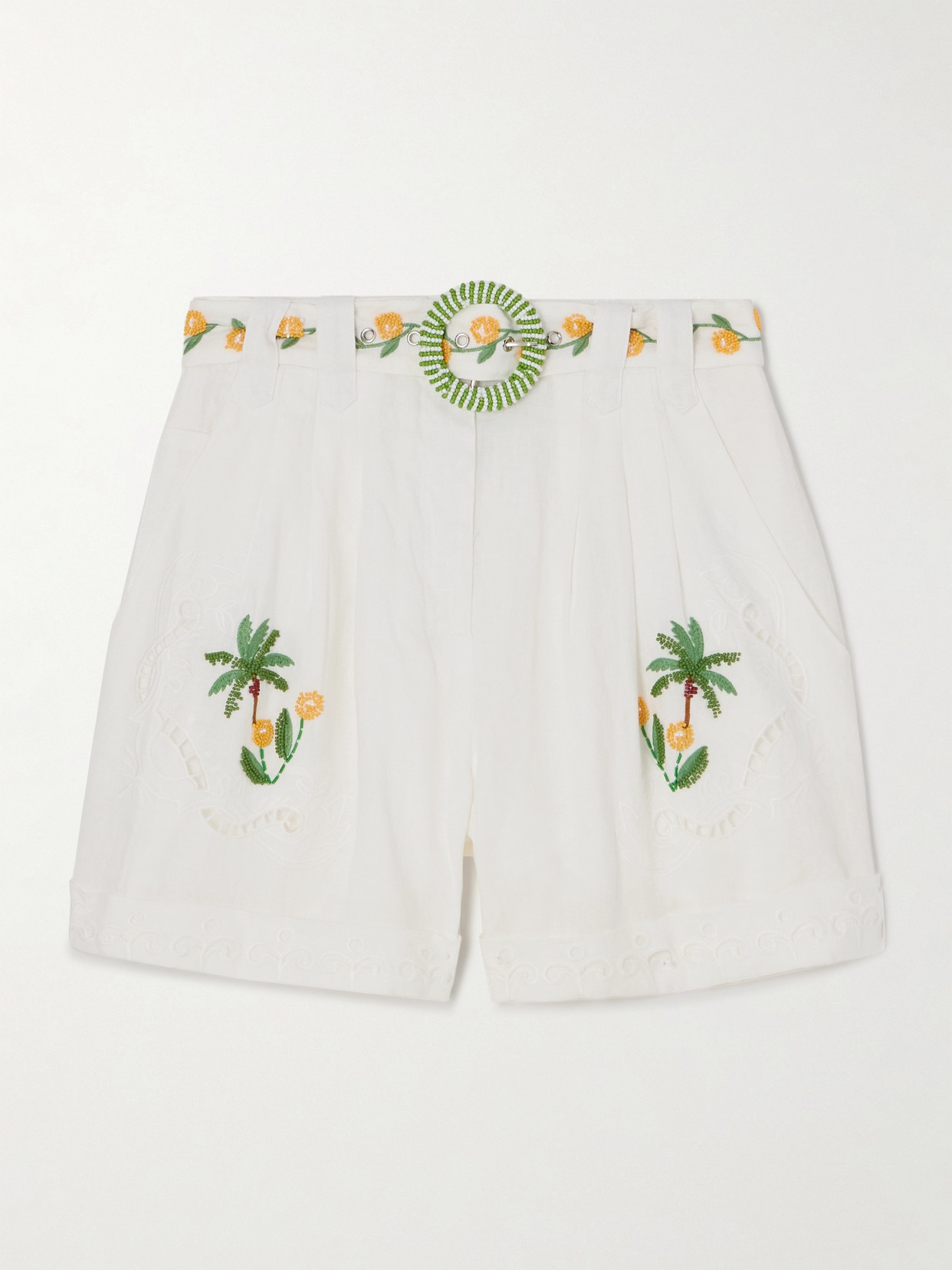 Farm Rio Belted Embroidered Bead-embellished Broderie Anglaise Linen Shorts In Off-white