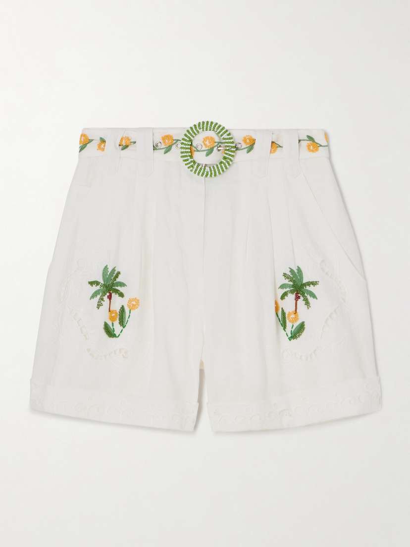 Farm Rio Belted Embroidered Bead-embellished Broderie Anglaise Linen Shorts