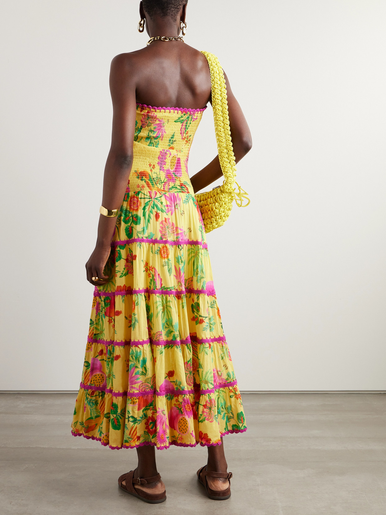 Shop Farm Rio Delicate Fruit Garden Knit-trimmed Tiered Shirred Cotton Maxi Dress In Yellow