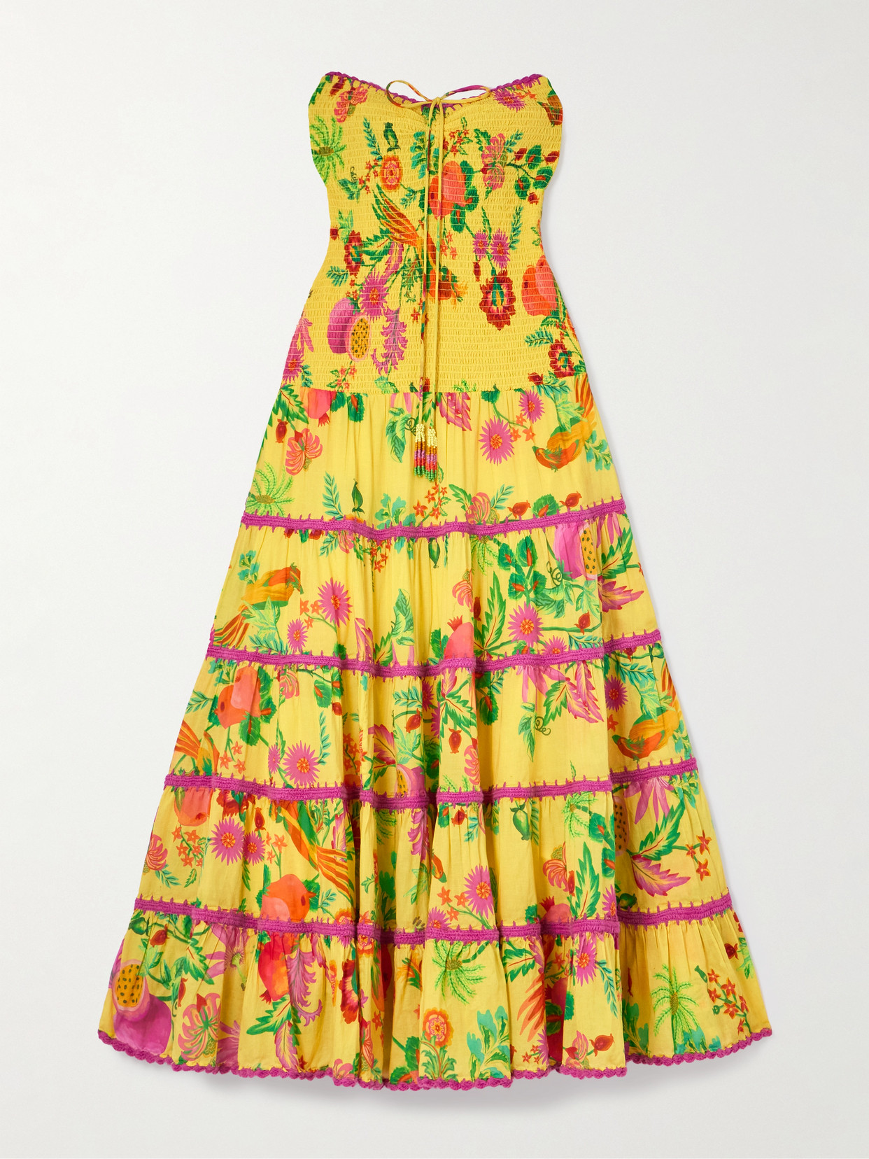 FARM RIO DELICATE FRUIT GARDEN KNIT-TRIMMED TIERED SHIRRED COTTON MAXI DRESS