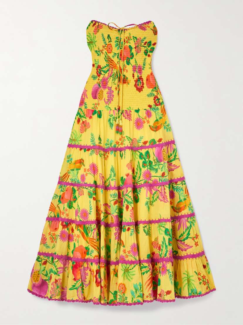 Farm Rio Delicate Fruit Garden Knit-trimmed Tiered Shirred Cotton Maxi Dress