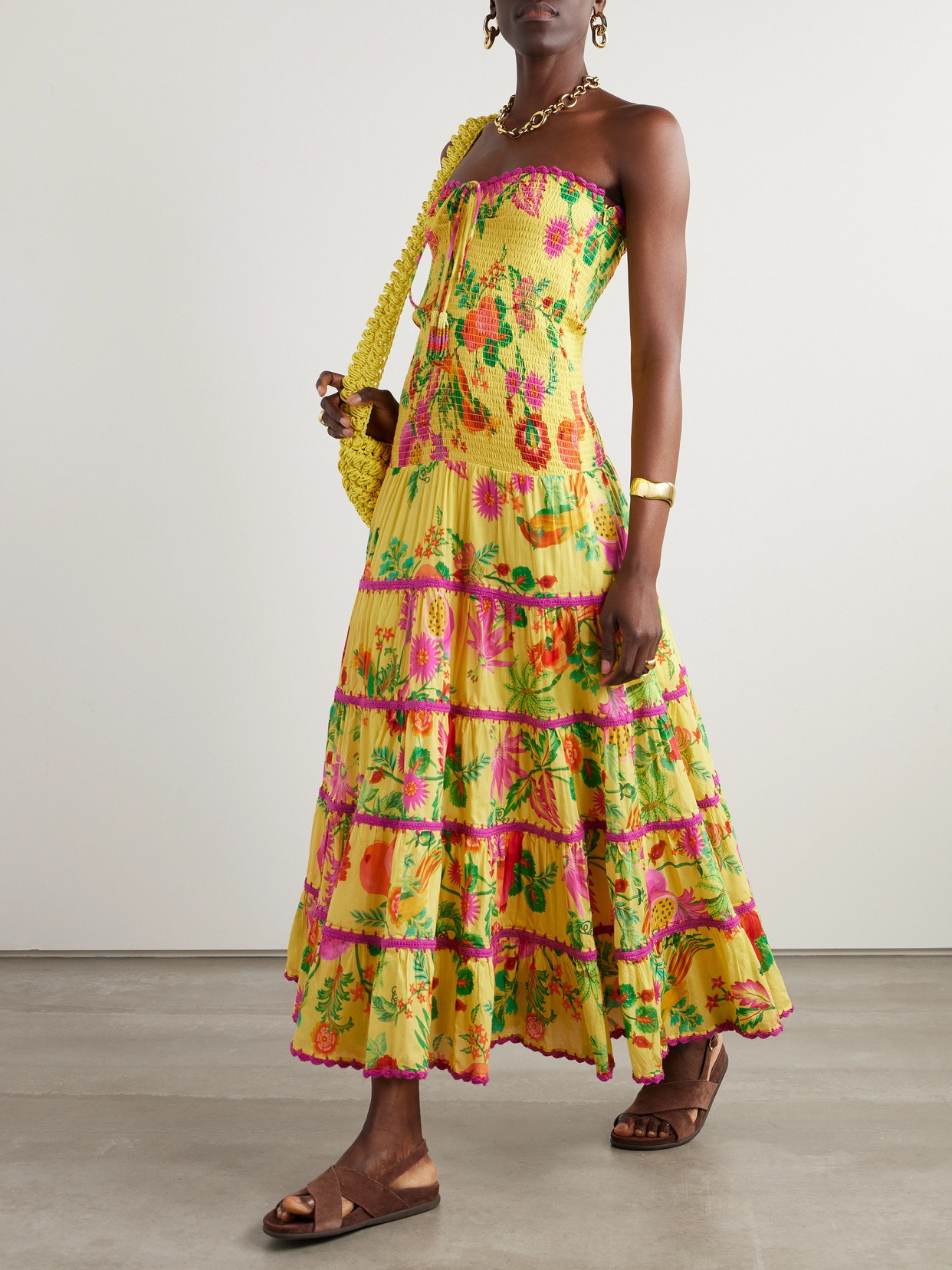 Shop Farm Rio Delicate Fruit Garden Knit-trimmed Tiered Shirred Cotton Maxi Dress In Yellow