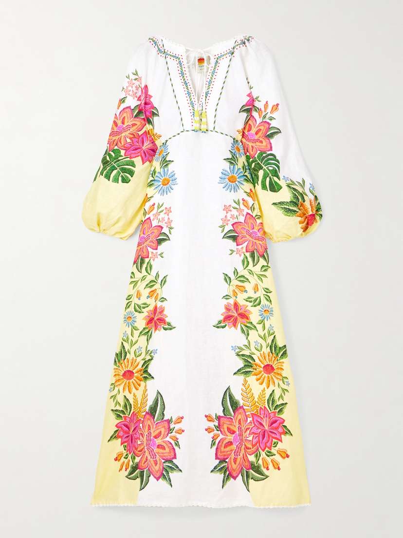 Farm Rio Bloom Garden Bead-embellished Embroidered Knit-trimmed Linen Maxi Dress - x large