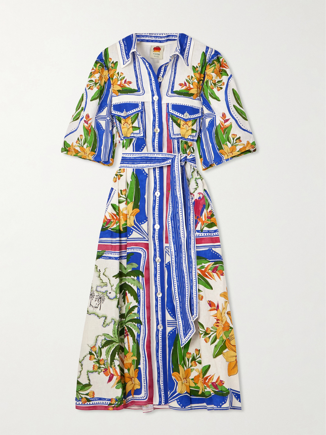 Shop Farm Rio Tropical Destination Belted Printed Linen-blend Midi Shirt Dress In Off-white