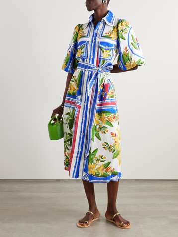 FARM Rio Tropical Destination belted printed linen-blend midi shirt dress