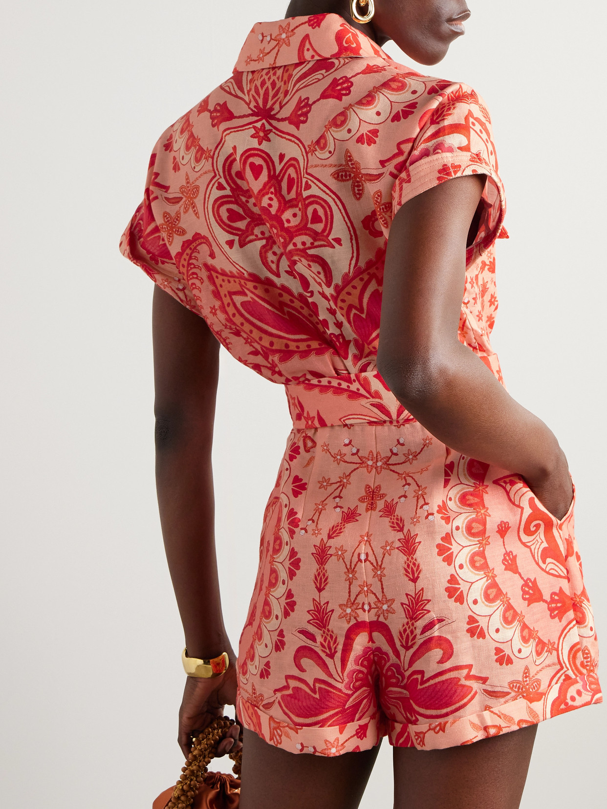 FARM RIO JAIPUR BELTED PLEATED PRINTED LINEN PLAYSUIT