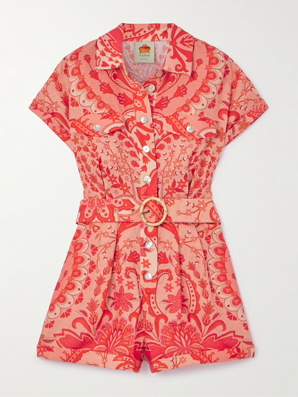FARM RIO JAIPUR BELTED PLEATED PRINTED LINEN PLAYSUIT