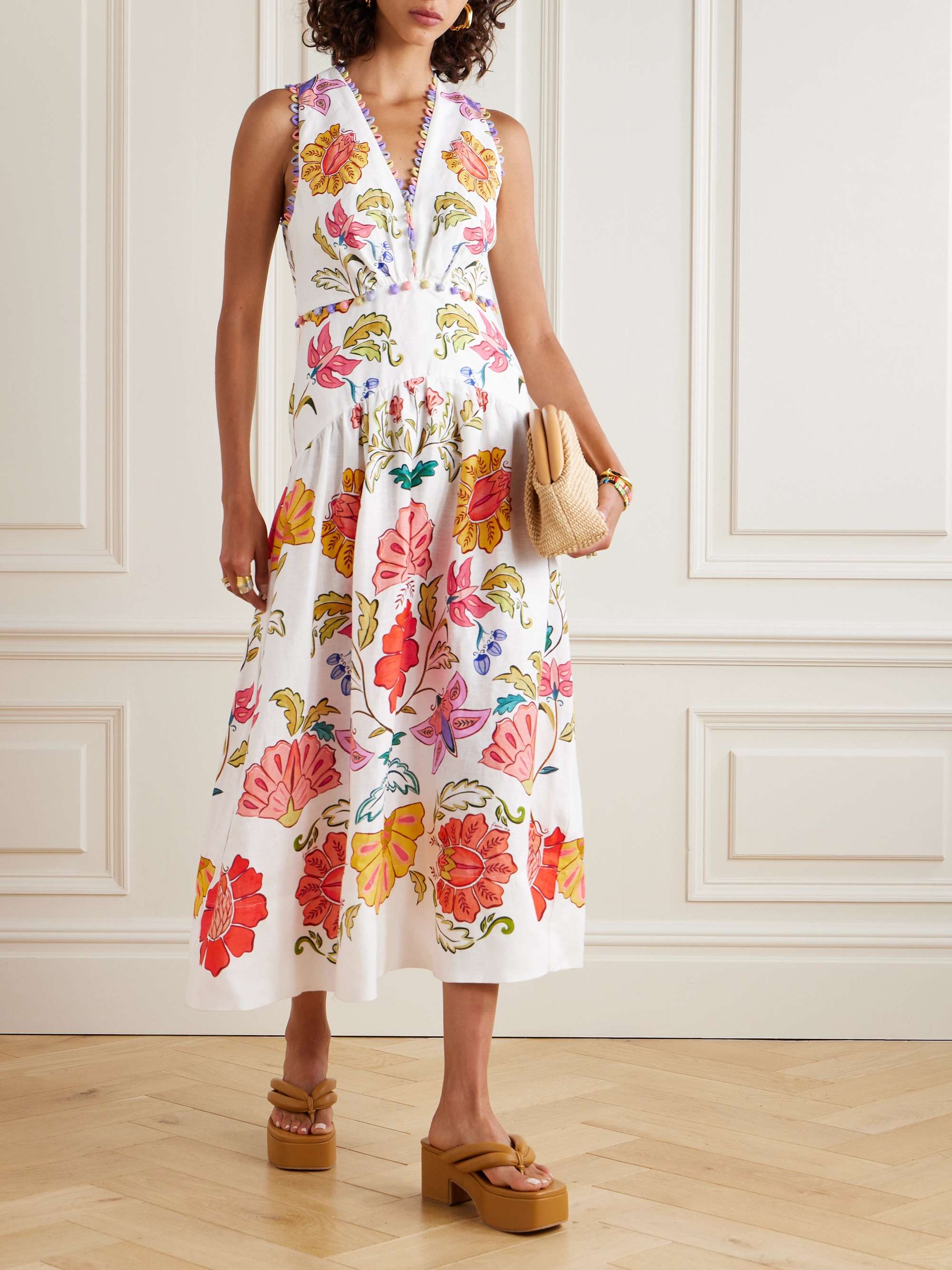 Embellished printed linen midi dress off white xx small