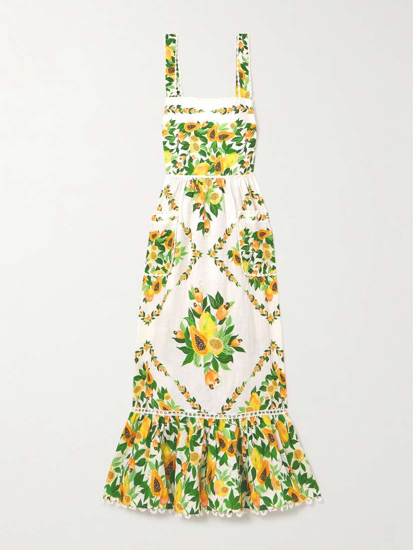 Farm Rio Papaya Salad Knit-trimmed Euroflax™ Linen And Lenzing™ Ecovero™-blend Midi Dress