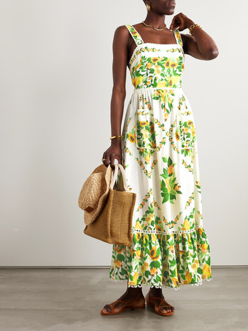 FARM Rio Papaya Salad knit-trimmed Euroflax™ linen and LENZING™ ECOVERO™-blend midi dress