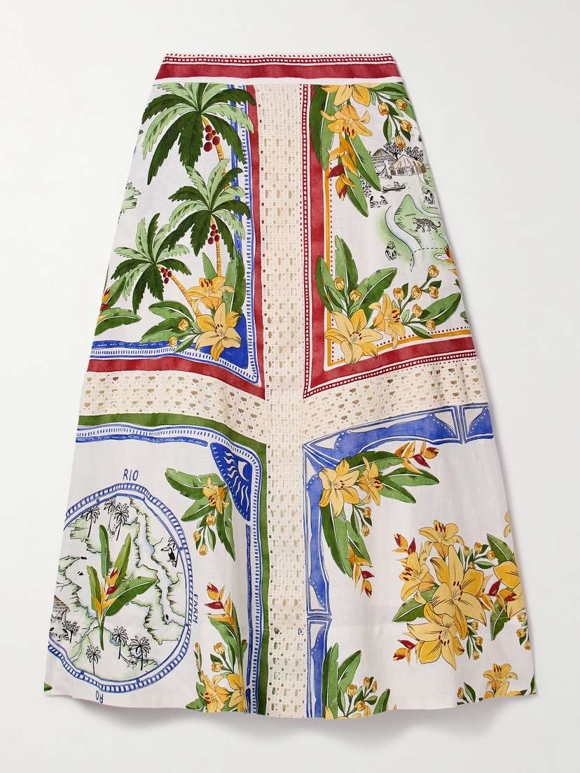 Farm Rio Crochet-trimmed Printed Linen-blend Voile Midi Skirt - x large