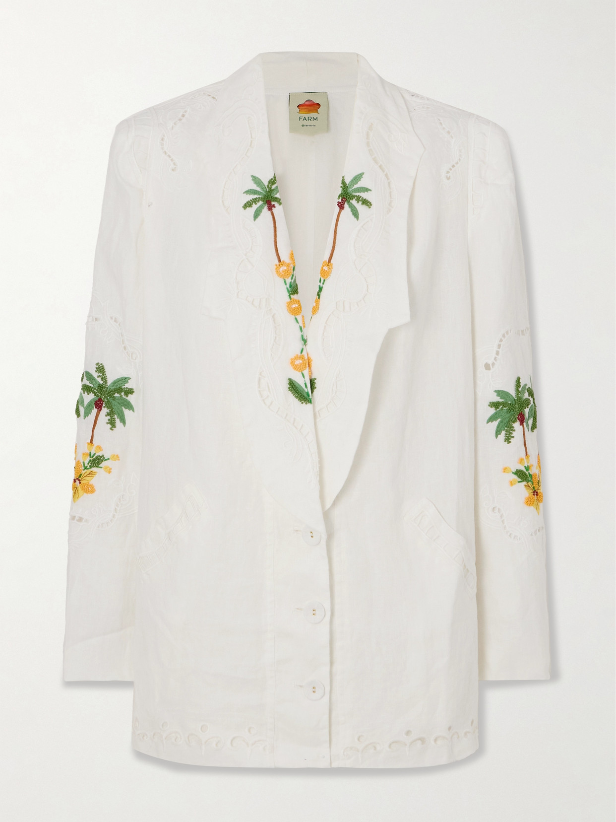 Farm Rio Bead-embellished Embroidered Broderie-anglaise Linen Blazer In Off-white