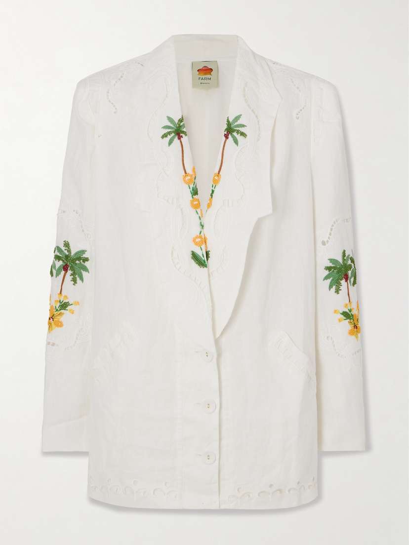 Farm Rio Bead-embellished Embroidered Broderie-anglaise Linen Blazer