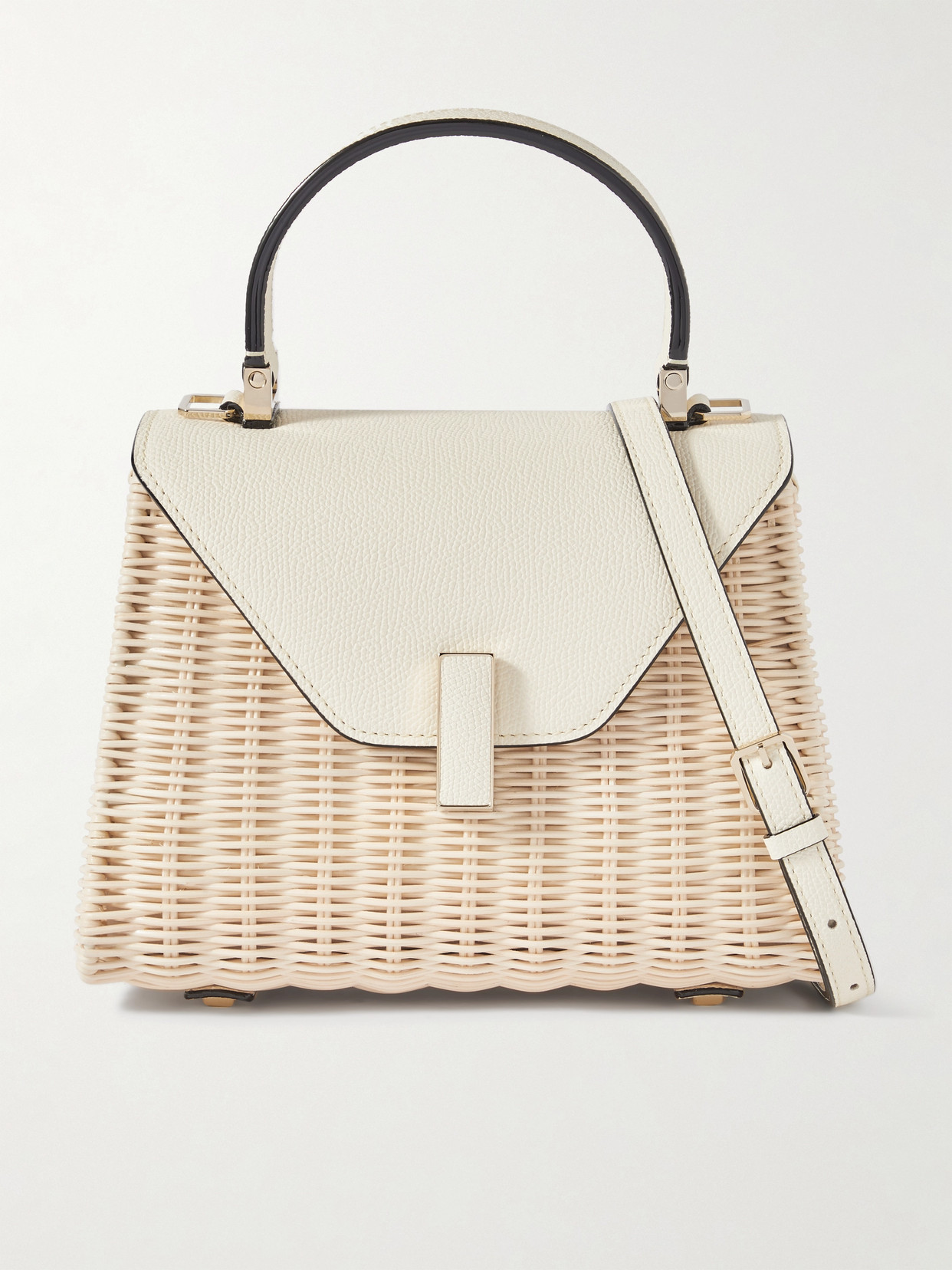 Valextra Iside Mini Leather-trimmed Raffia Tote In Cream