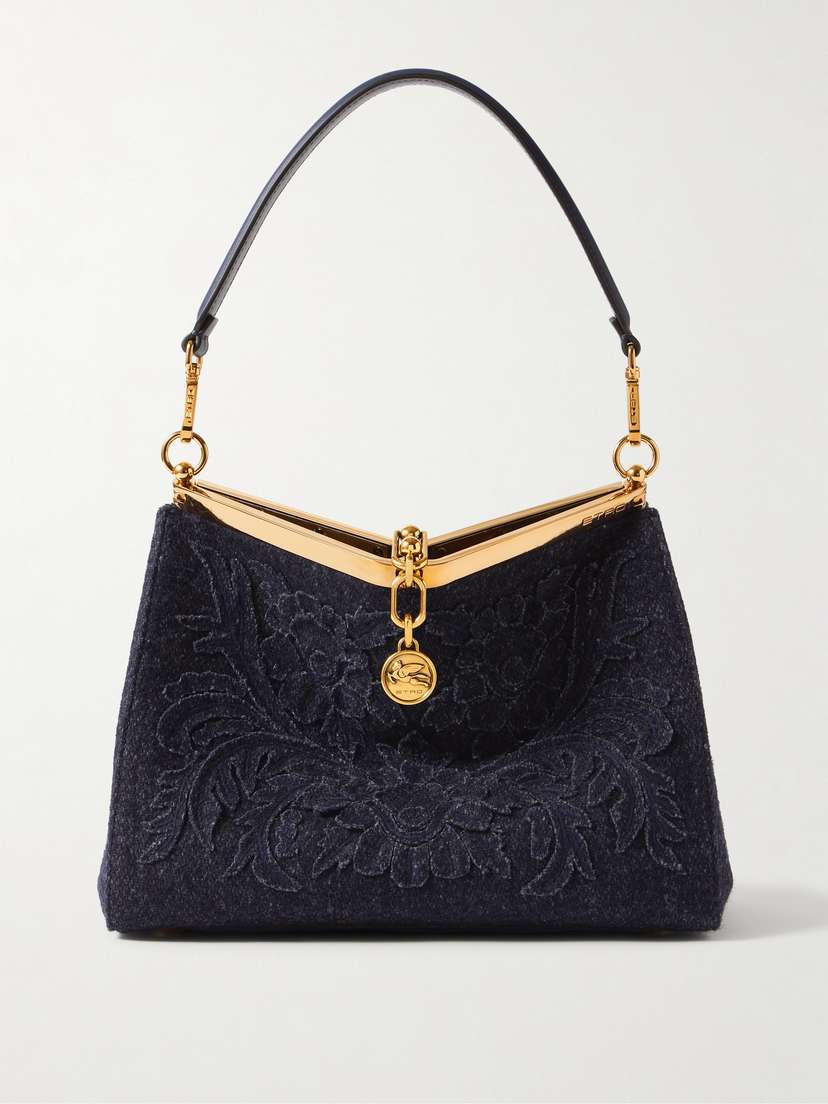 Etro Vela Medium Embroidered Appliquéd Leather-trimmed Wool Shoulder Bag