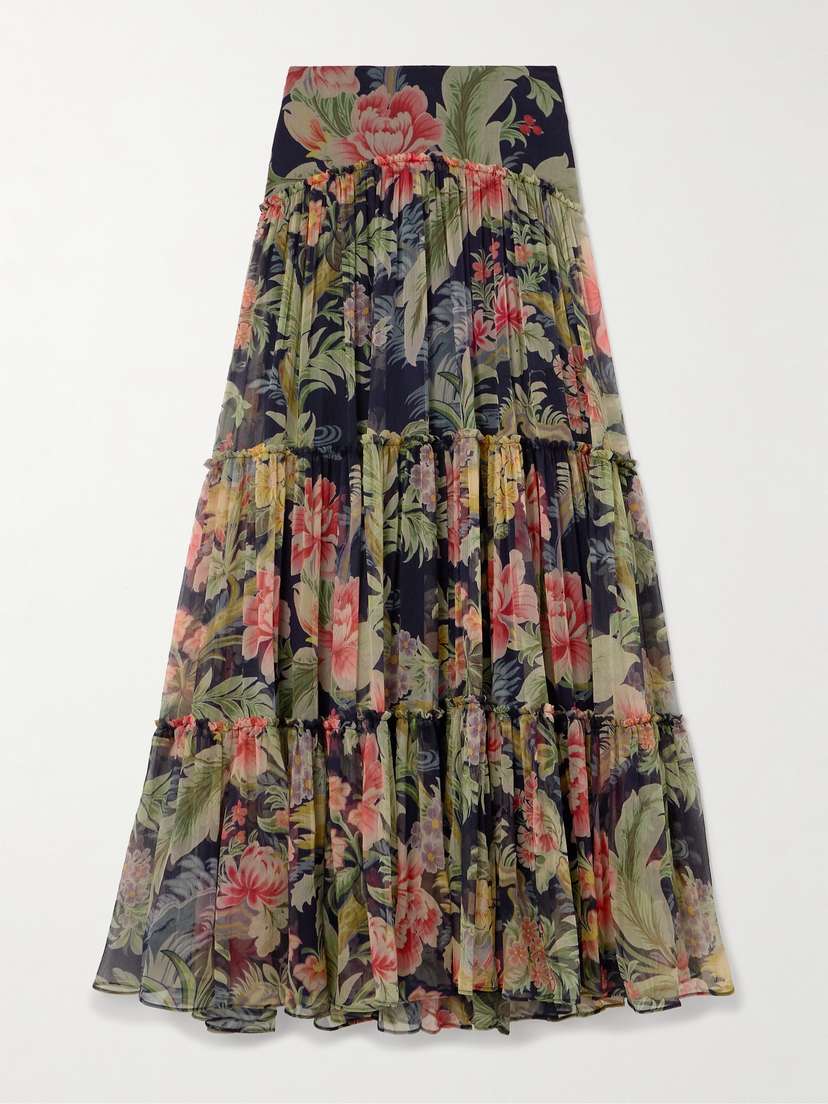 Etro Tiered Gathered Floral-print Silk-crepon Maxi Skirt