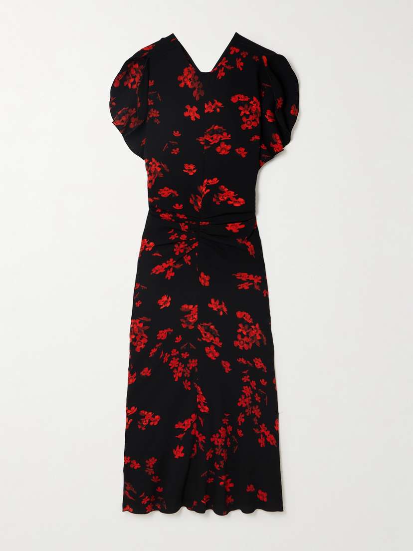 Victoria Beckham Gathered Floral-print Crepe Midi Dress - UK 16