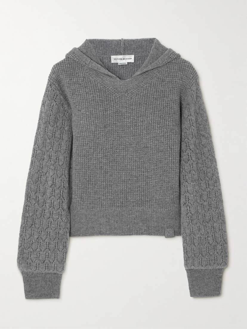 Victoria Beckham Hooded Pointelle And Waffle-knit Stretch-wool Sweater - x large