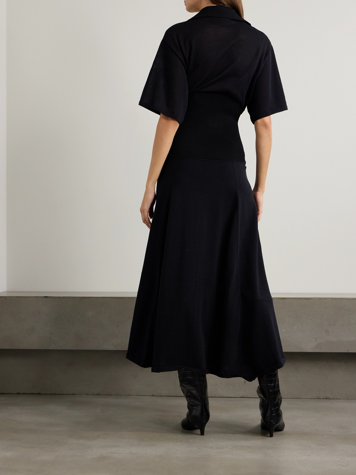 Victoria Beckham Paneled Rib-trimmed Cotton-blend Midi Dress In Black