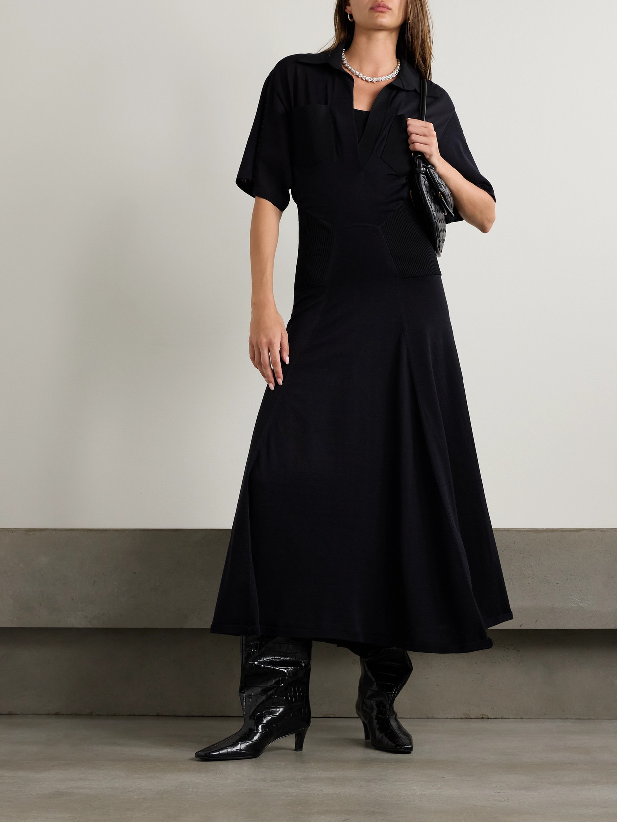 Victoria Beckham Paneled Rib-trimmed Cotton-blend Midi Dress In Black