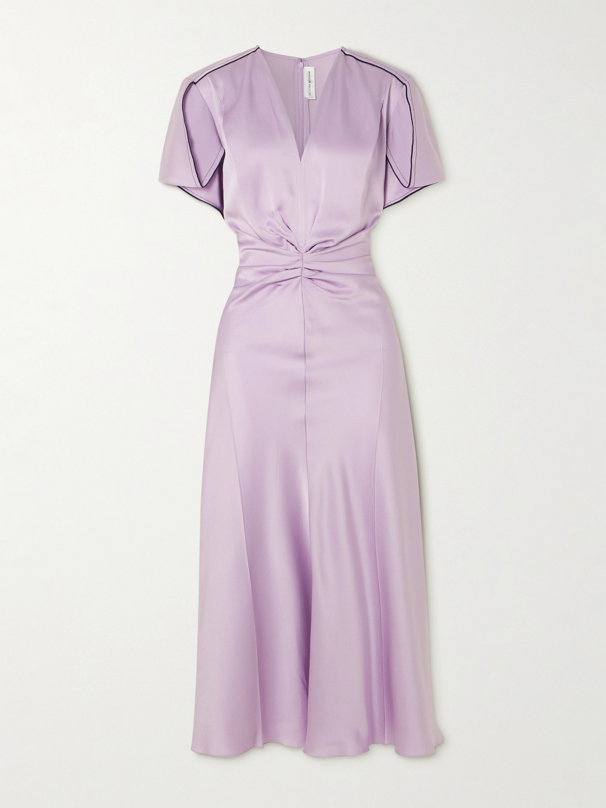 Victoria Beckham Piped Paneled Gathered Satin Midi Dress In Purple