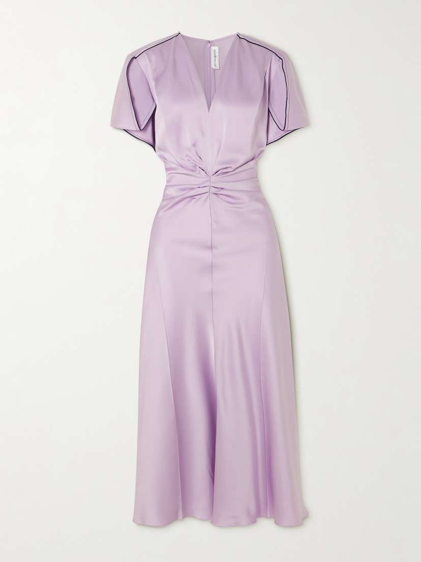 Victoria Beckham Piped Paneled Gathered Satin Midi Dress