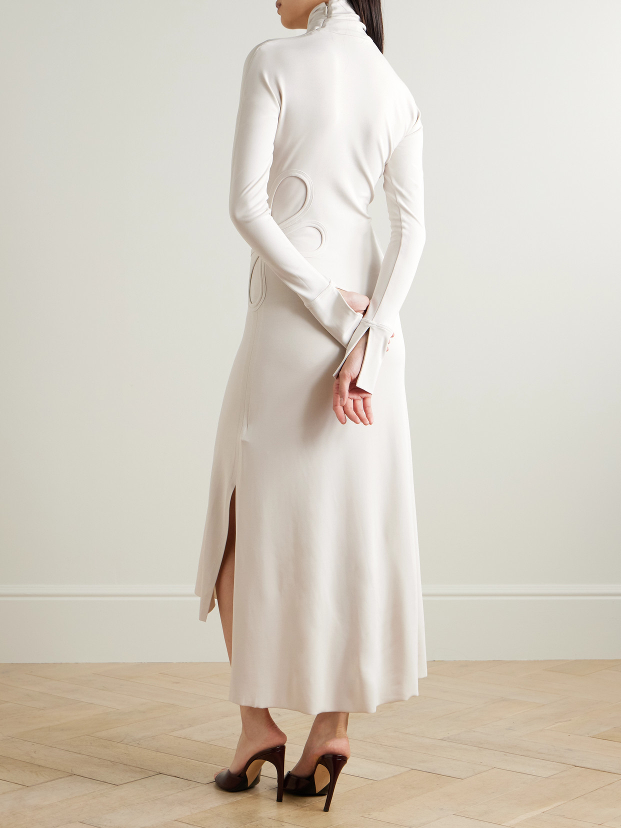 Victoria Beckham Cutout Asymmetric Stretch-jersey Turtleneck Midi Dress In Off-white
