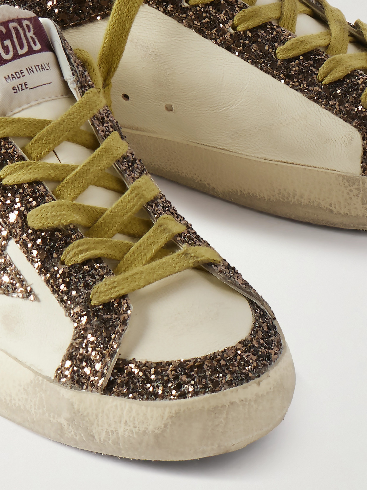 Golden Goose Super-star Distressed Glittered Leather Sneakers In Brown