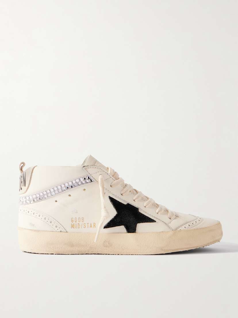 Golden Goose Mid Star Distressed Suede-trimmed Crystal-embellished Leather Sneakers
