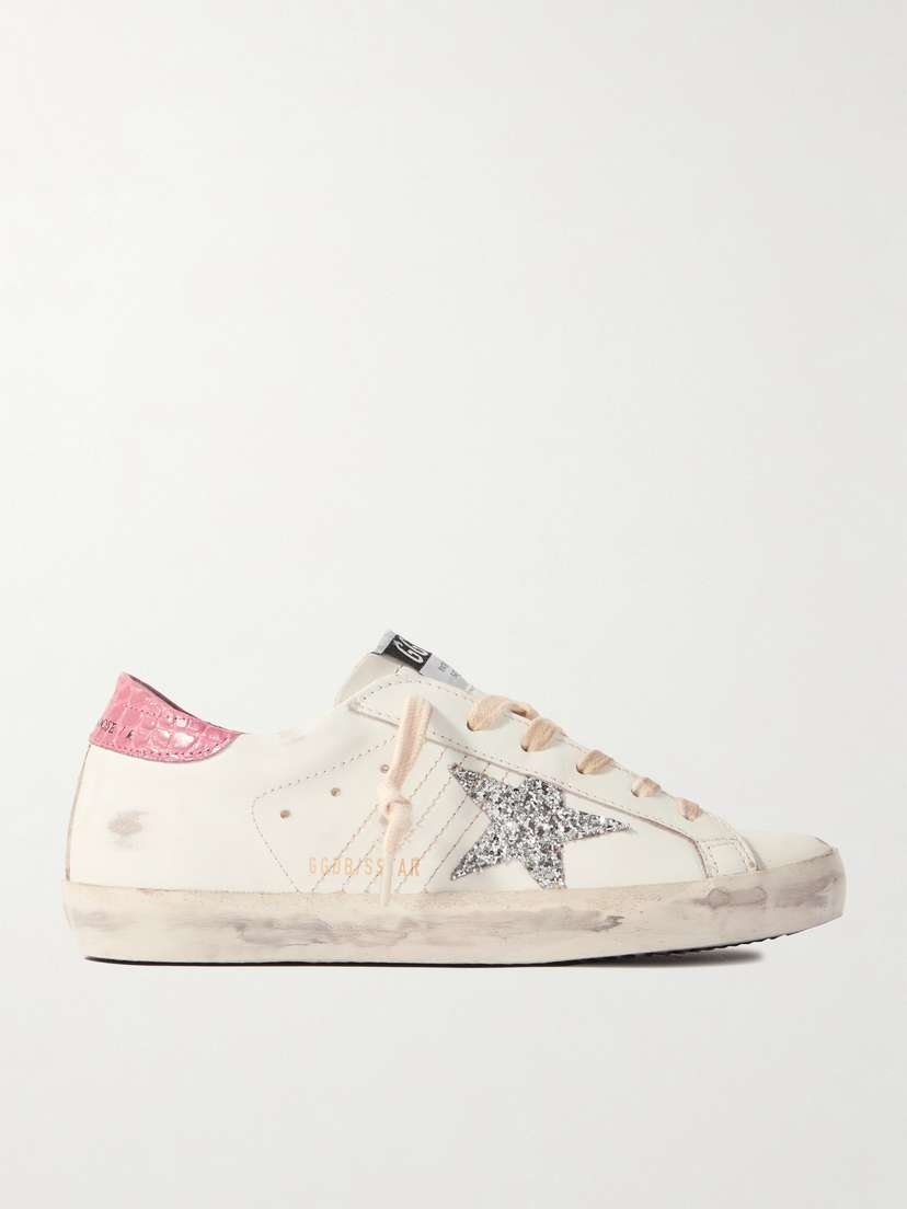 Golden Goose Super-star Distressed Glittered Leather Sneakers