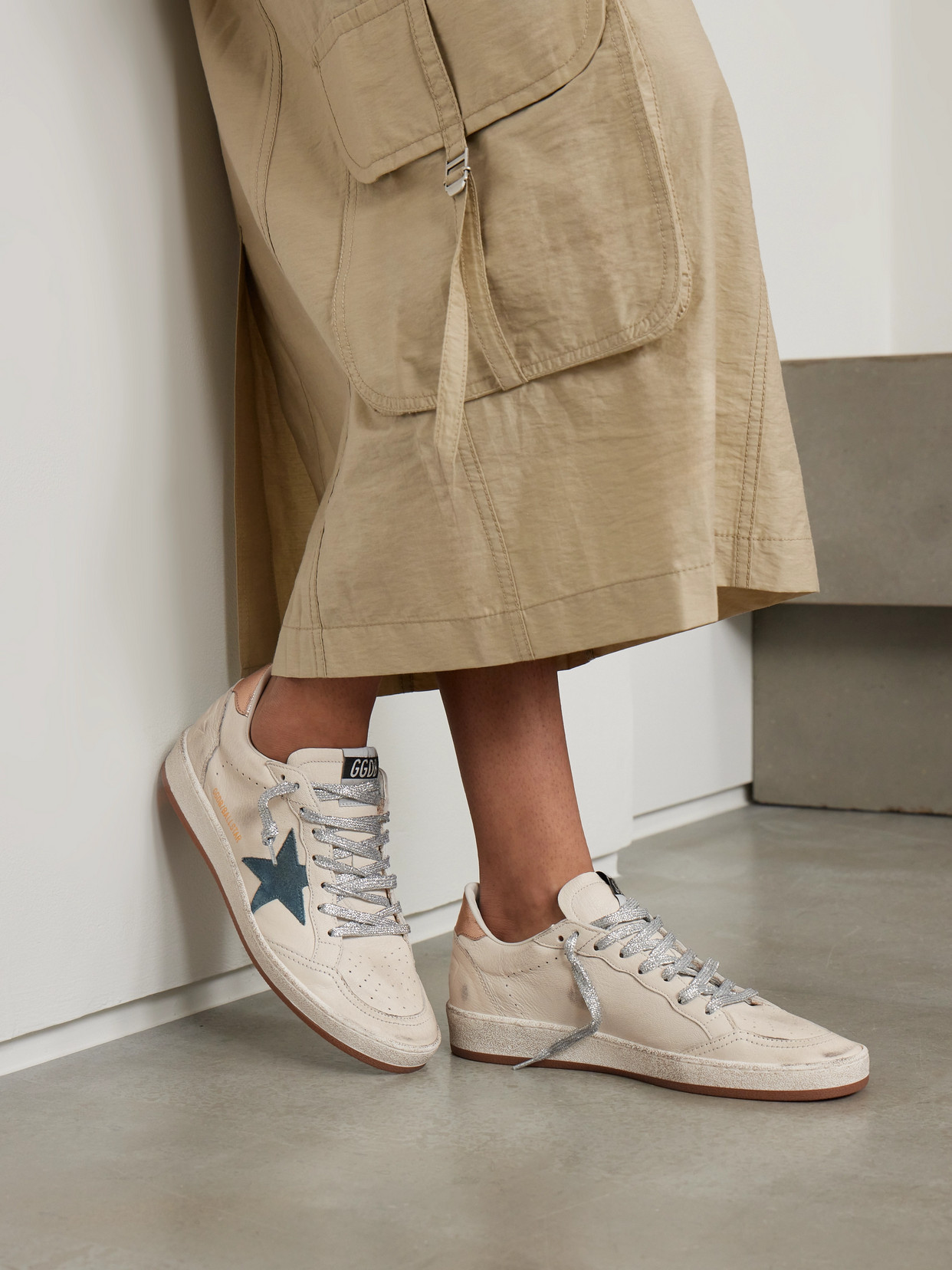 Golden Goose Ball Star Distressed Suede-trimmed Leather Sneakers In White