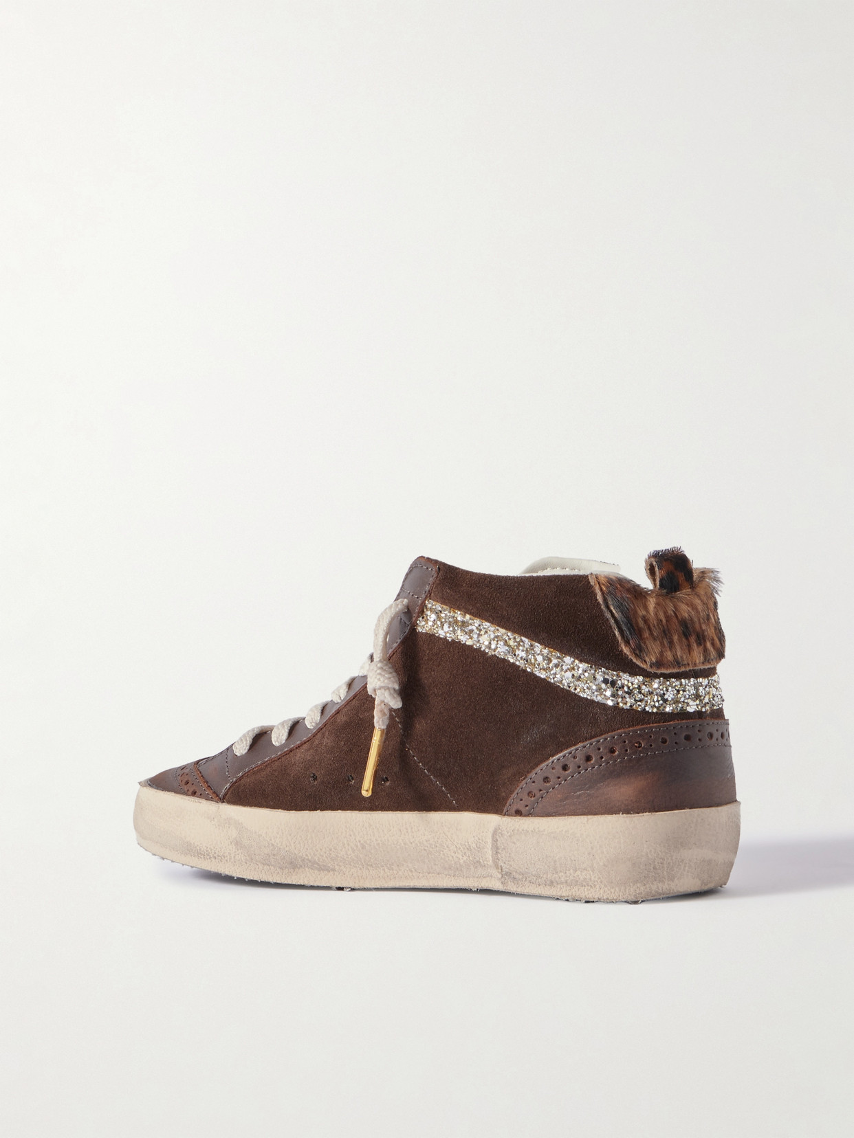 Golden Goose Mid Star Distressed Crystal-embellished Leather And Suede High-top Sneakers In Brown