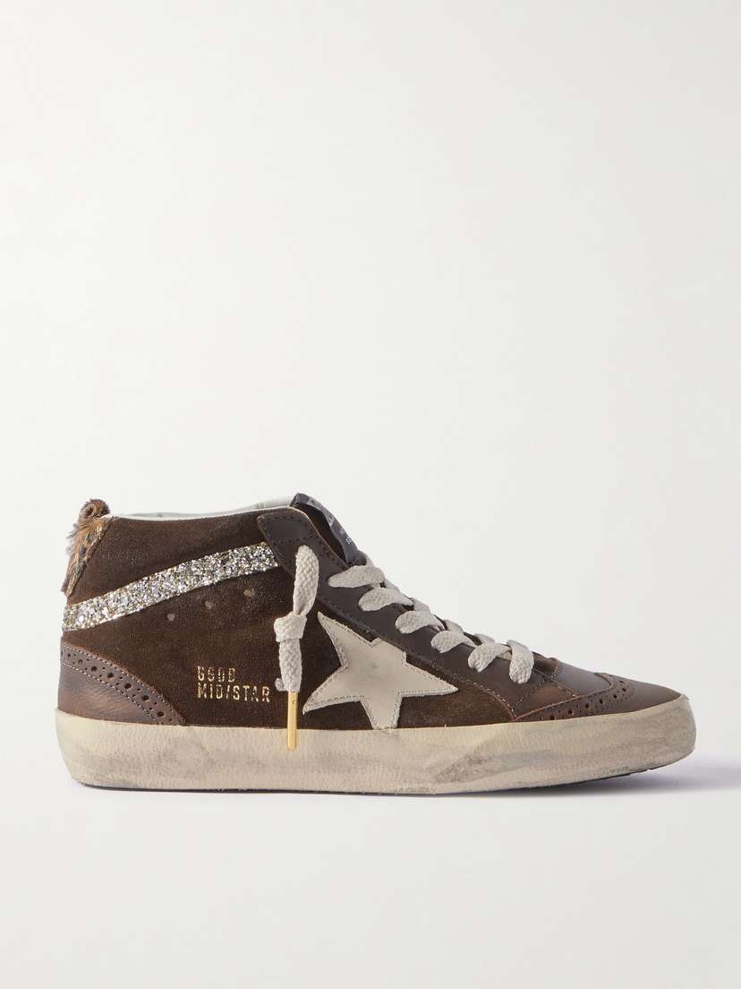 Golden Goose Mid Star Distressed Crystal-embellished Leather And Suede High-top Sneakers