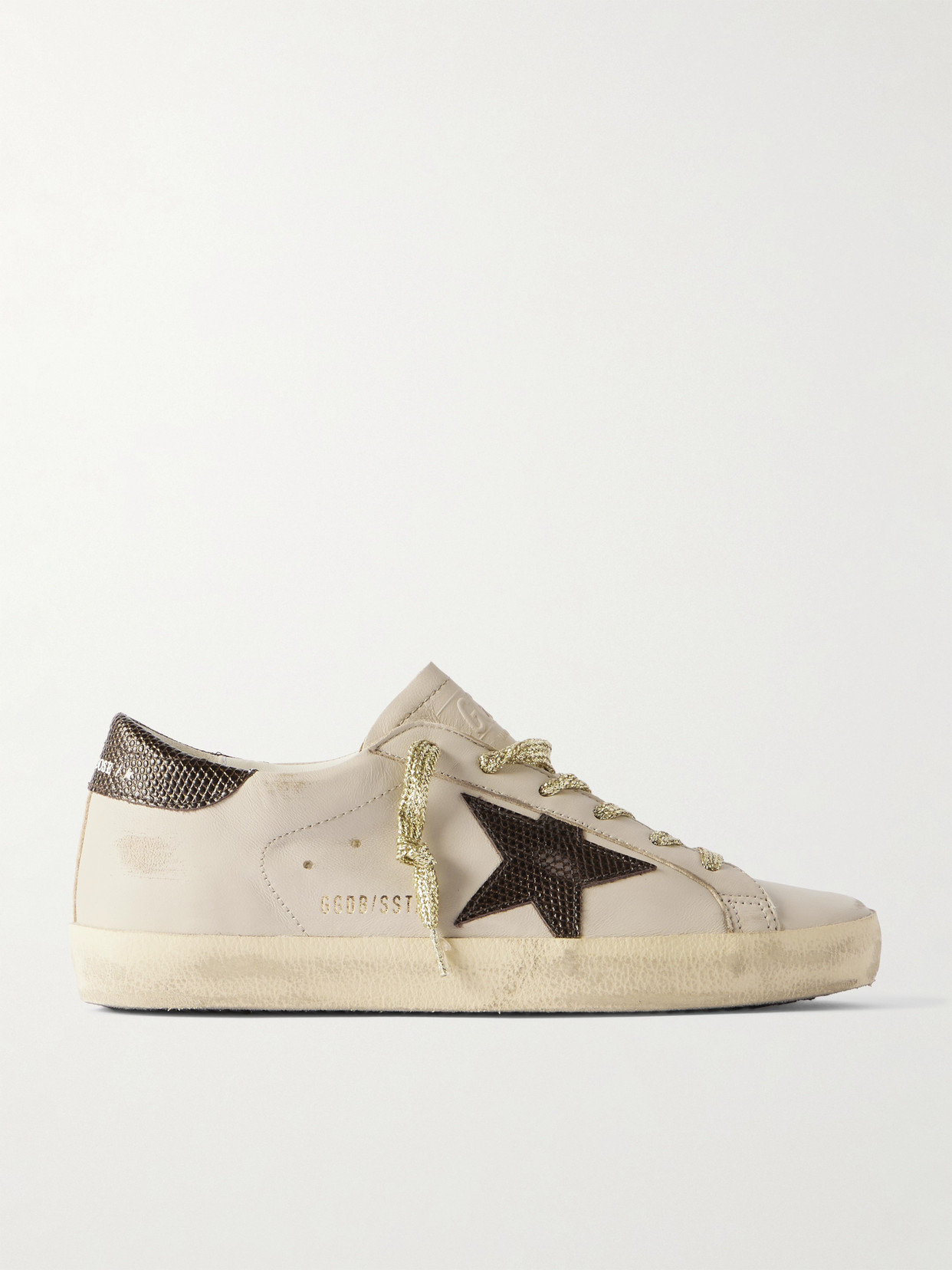 Golden Goose Super-star Metallic Croc-effect Leather-trimmed Distressed Leather Sneakers In Off-white