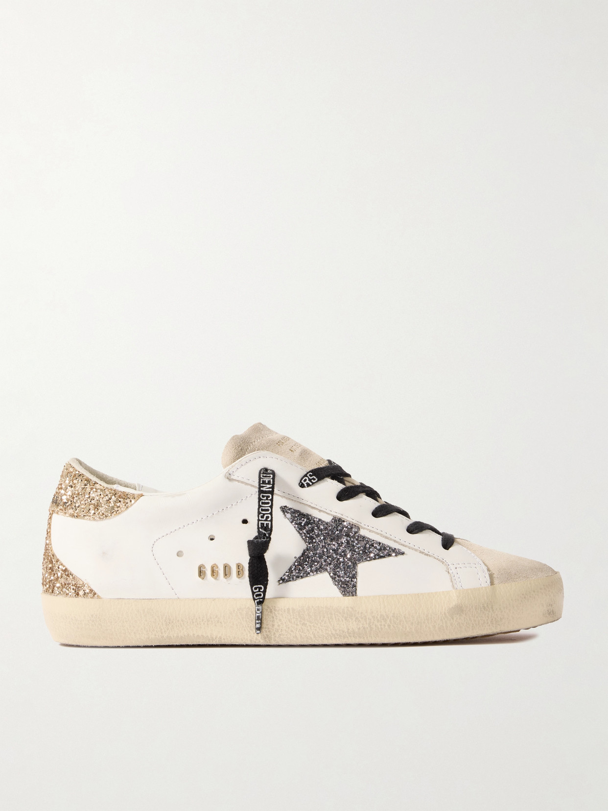 Golden Goose Super-star Distressed Suede-trimmed Glittered Leather Sneakers In White