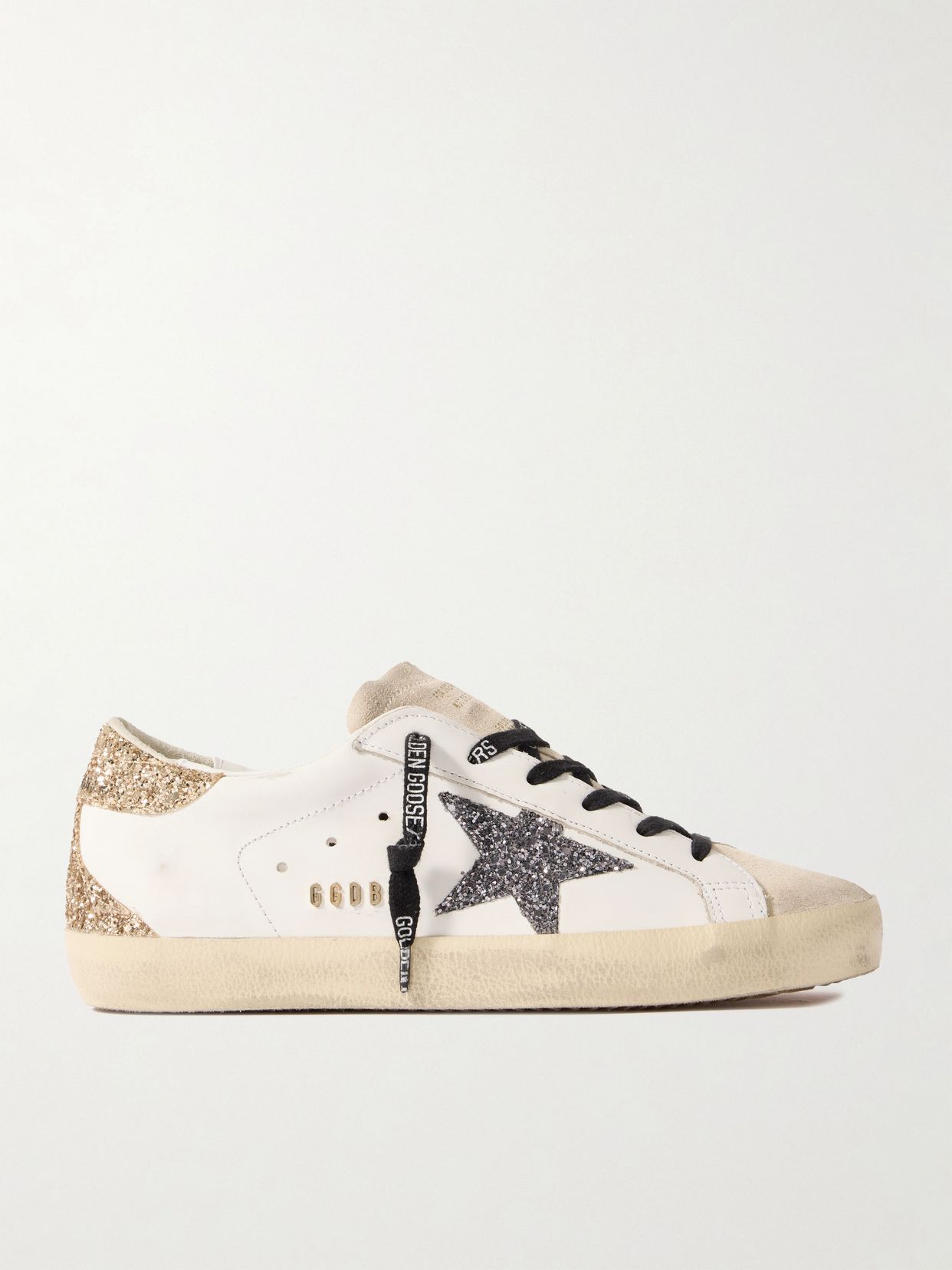 super star distressed suede trimmed glittered leather sneakers
