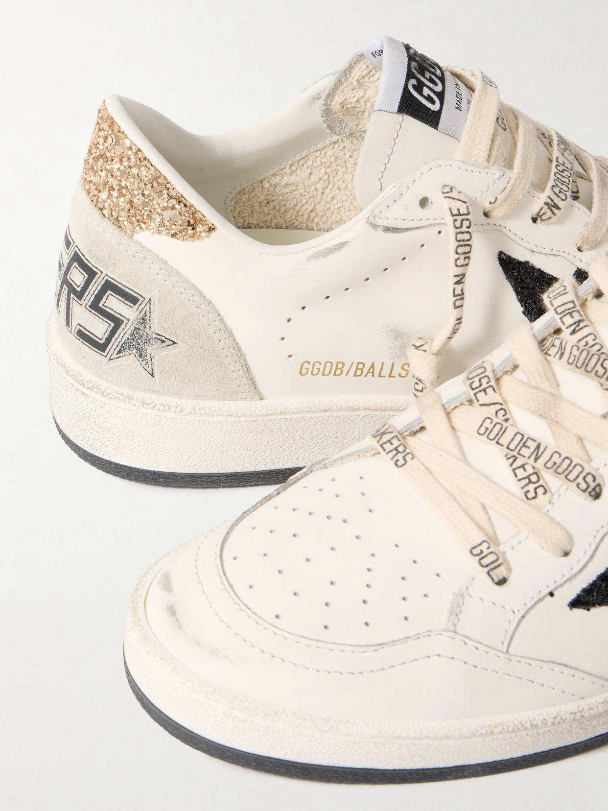 Golden Goose Ballstar White Low Top Sneakers With Glittered Star Patch On The Side And Glittered Heel With Logo L